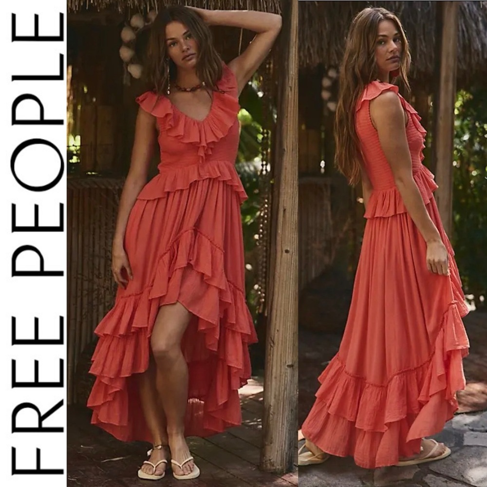 NWOT FREE PEOPLE Sunsational Midi Dress - Coral Bright S